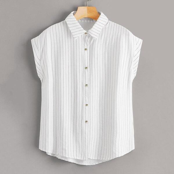 

Striped Button Front Curved Hem Blouse