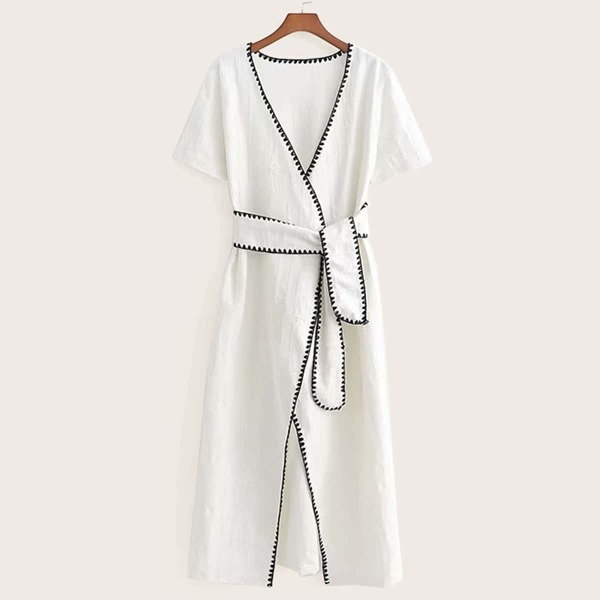 

Tie Front Contrast Topstitching Surplice Dress, White