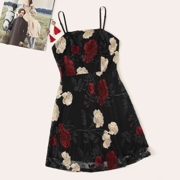 

Floral Embroidered Mesh Overlay Cami Dress
