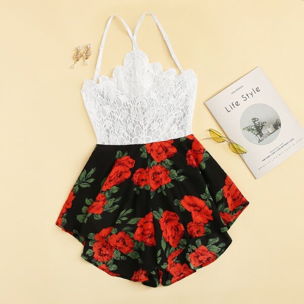 

Lace Panel Floral Print Tie Back Romper