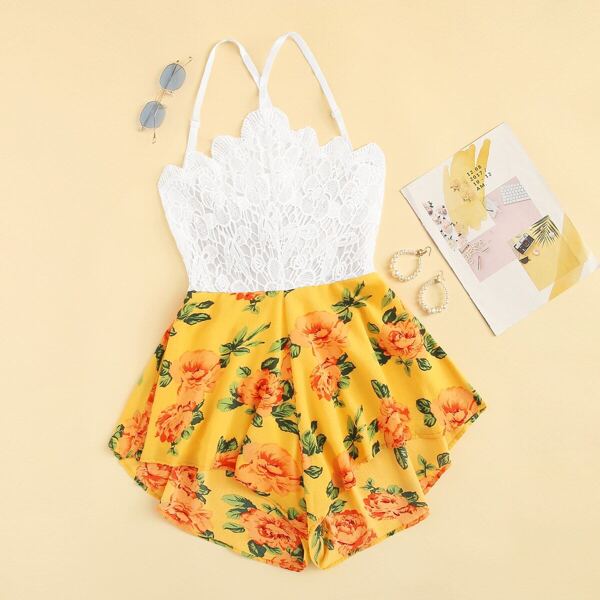 

Lace Panel Floral Print Tie Back Romper