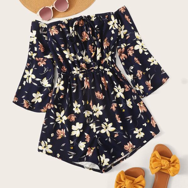 

Floral Print Tie Neck Off The Shoulder Romper