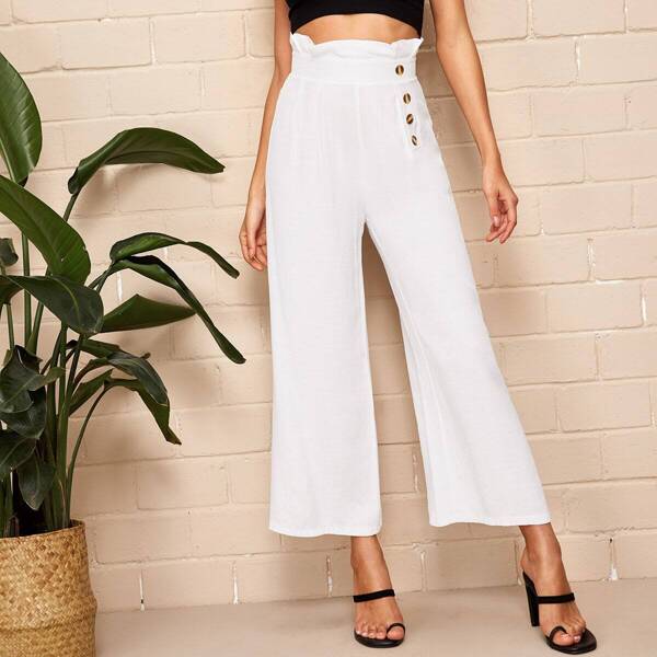 

Button Front Zip Back Paperbag Pants, White