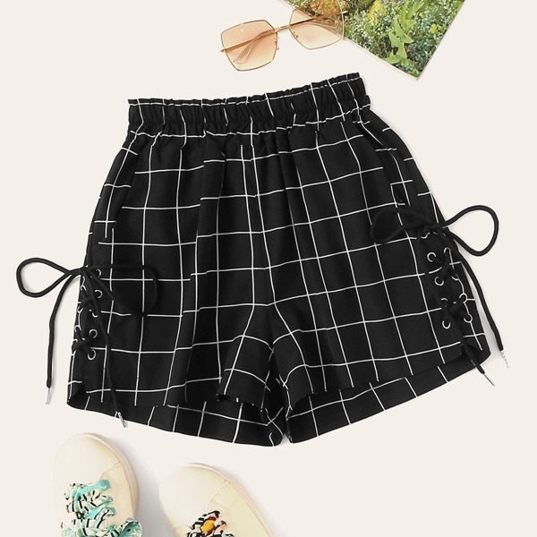 

Window Pane Plaid Lace-up Side Shorts