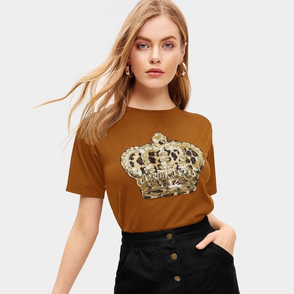 Contrast Sequin And Leopard Crown Tee, Brown