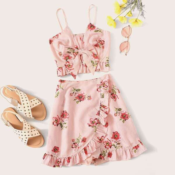 

Stripe And Floral Print Tie Front Cami Top With Shorts