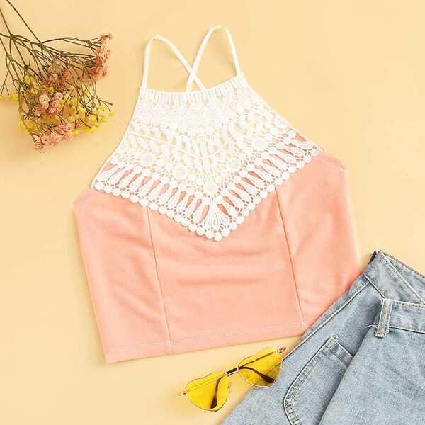 

Contrast Crochet Criss Cross Back Cami Top