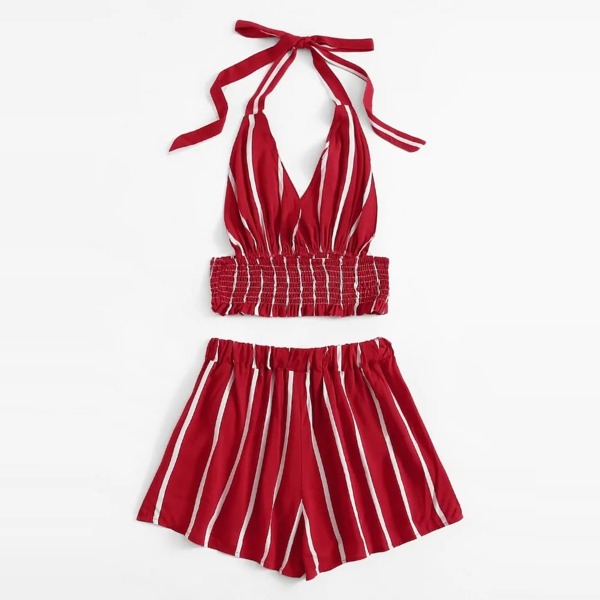 

Plus Lettuce Frill Striped Halter Top With Shorts