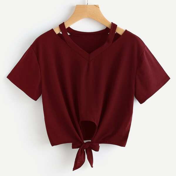 

Plus Knot Hem Cut-out Solid Tee, Burgundy