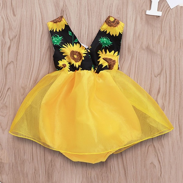

Toddler Girls Sunflower Print Mesh Overlay Romper