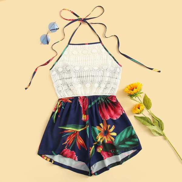 

Guipure Lace Panel Bow Tie Back Floral Halter Romper