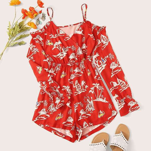 

Frill Open Shoulder Elastic Waist Romper