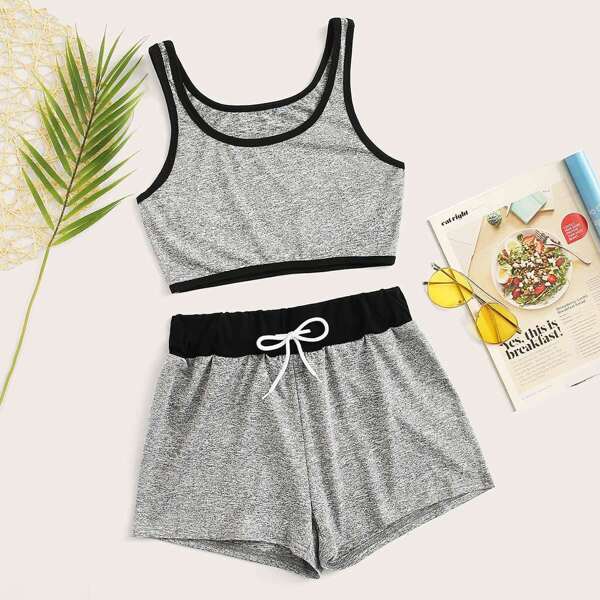 

Piping Trim Crop Top With Shorts