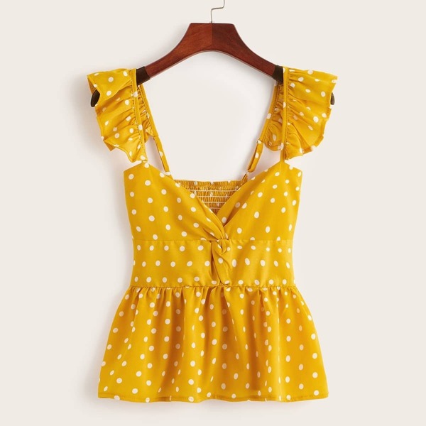 

Polka Dot Shirred Ruffle Hem Cami Top