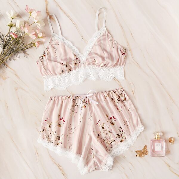 

Floral Print Lace Trim Striped Lingerie Set, Pink pastel