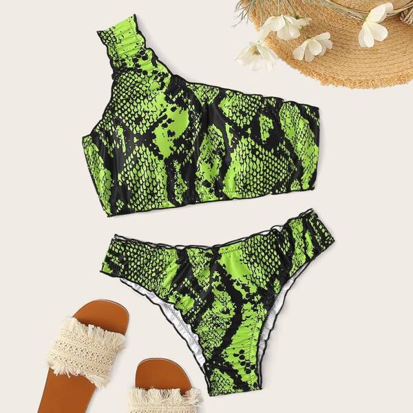 

Snakeskin Lettuce Trim One Shoulder Bikini Set