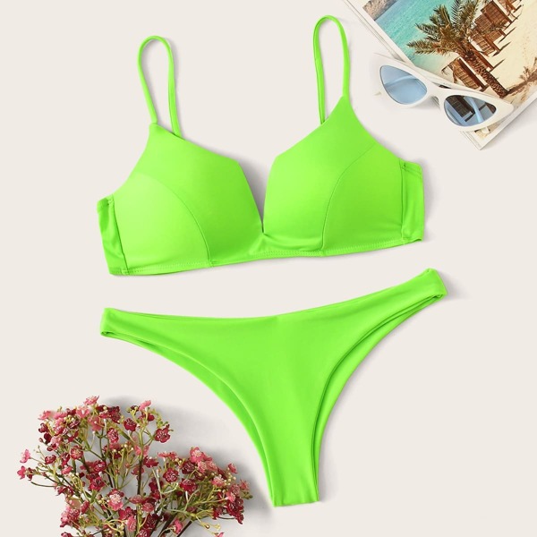 

Neon Lime Full Cup Top With Cheeky Bikini, Green bright