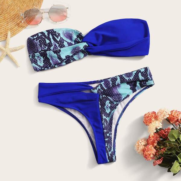 

Contrast Snakeskin Print Twist Bandeau Bikini Set