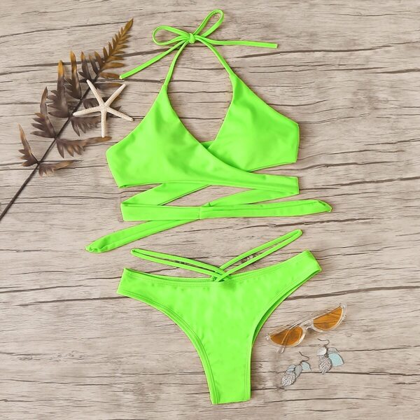 

Neon Green Wrap Halter Bikini Set