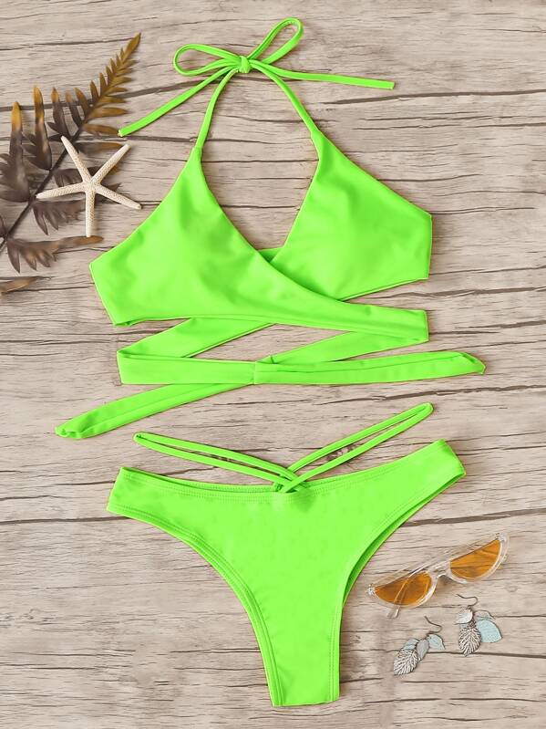 

Neon Green Wrap Halter Bikini Set
