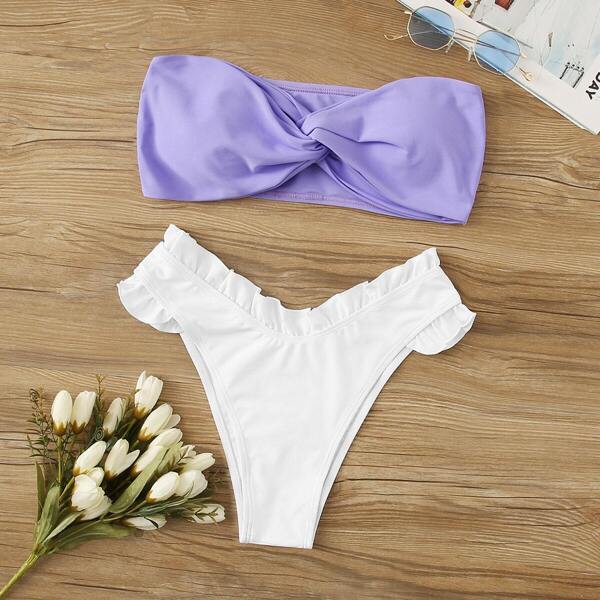 

Two Tone Twist Top With Frill Trim Bikini Set