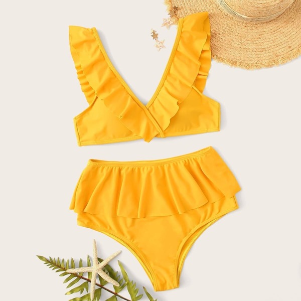 

Ruffle Plunging Top With High Waist Bikini Set