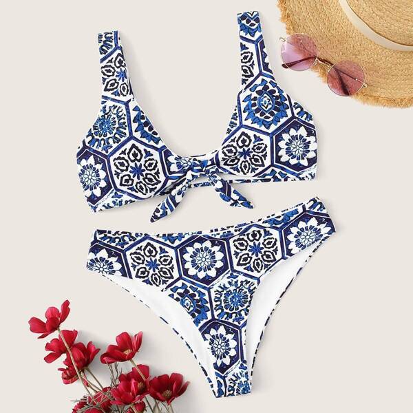 

Mandala Print Knot Front Bikini Set