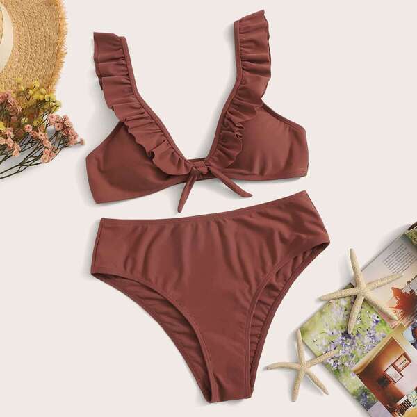 

Ruffle Trim Knot Front Bikini Set, Brown