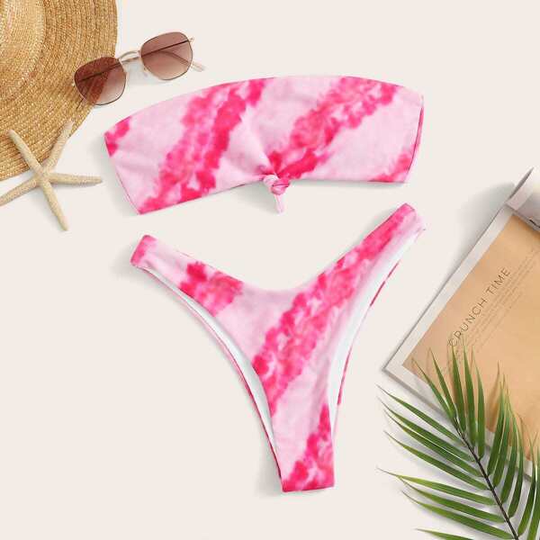 

Tie Dye Bandeau With High Cut Bikini Set, Multicolor
