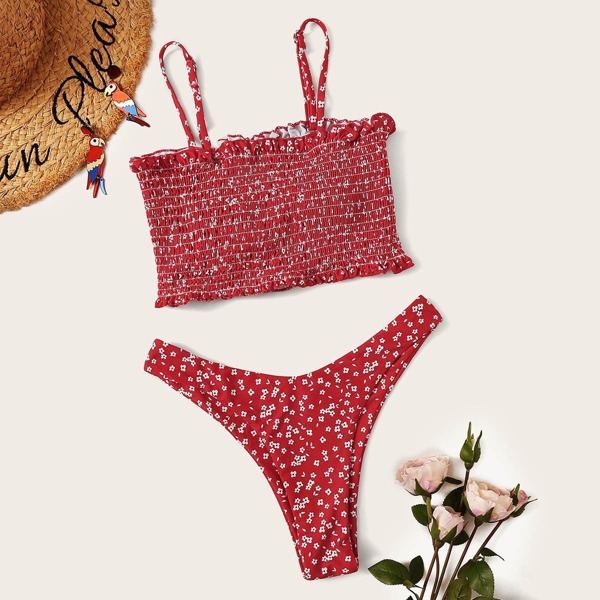 

Calico Print Smocked Top With High Cut Bikini