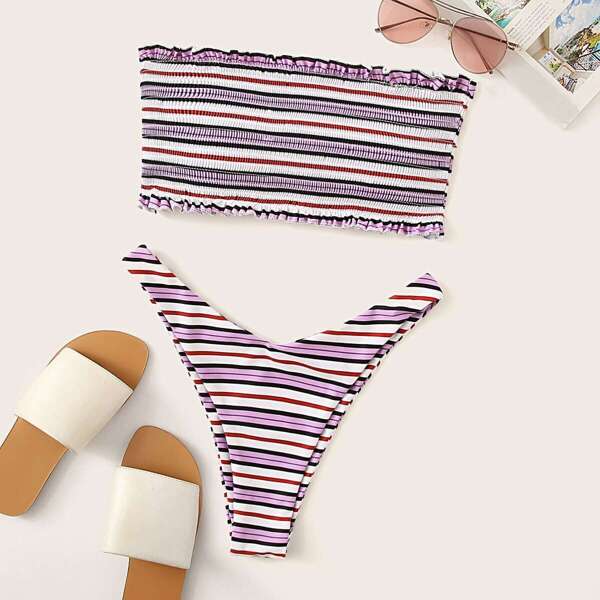 

Striped Smocked Bandeau With High Cut Bikini Set