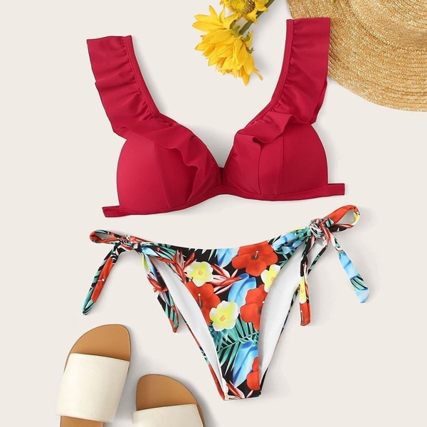 

Ruffle Plunging Top With Tie Side Bikini, Multicolor