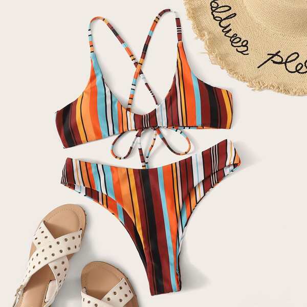 

Striped Criss-cross Self Tie Back Bikini Set, Multicolor