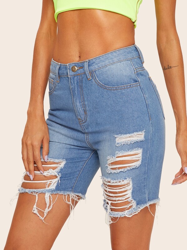 

Light Wash Destroyed Ripped Frayed Edge Denim Shorts, Blue