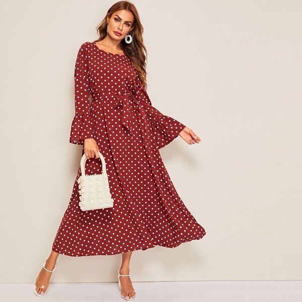

Flounce Sleeve Belted Dress, Red