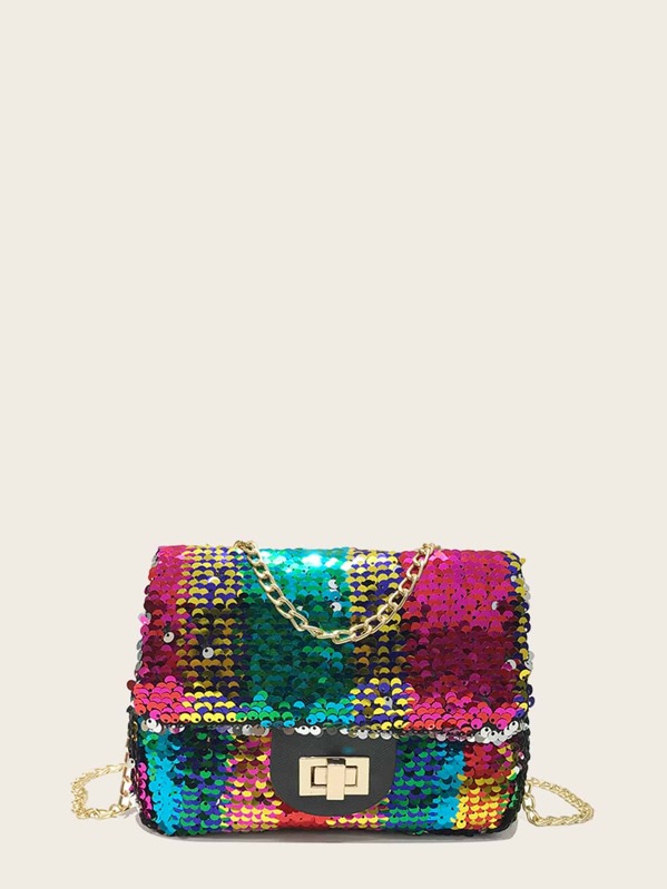 

Twist Lock Detail Sequins Chain Bag, Multicolor