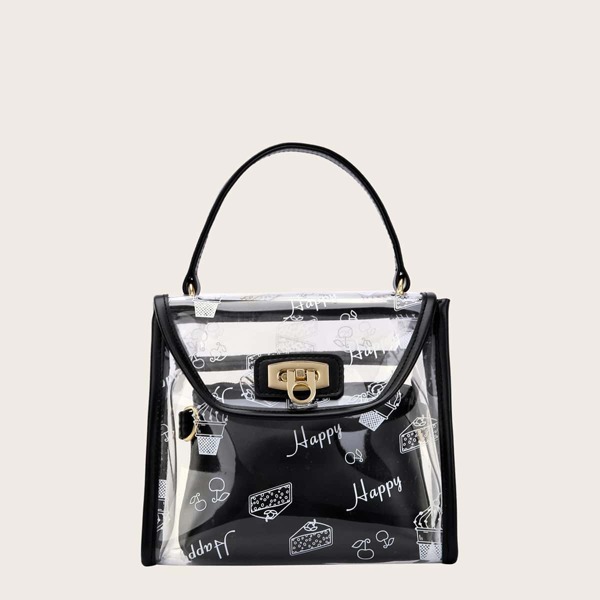 

Cartoon Print Satchel Bag With Inner Pouch, Black