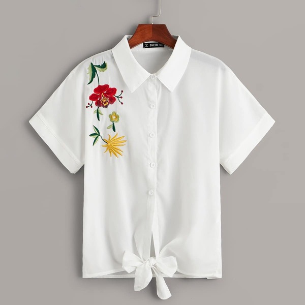 

Tie Front Embroidery Floral Print Blouse