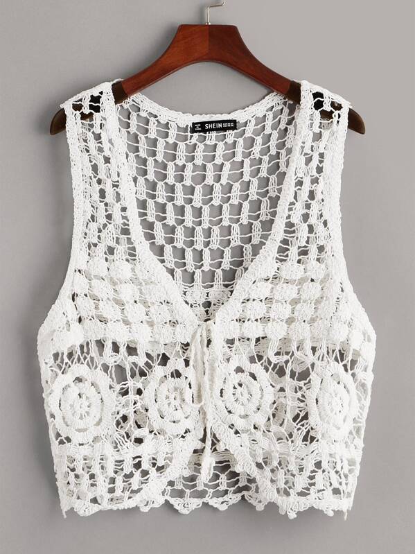

Knot Front Sheer Crochet Cover Up, White