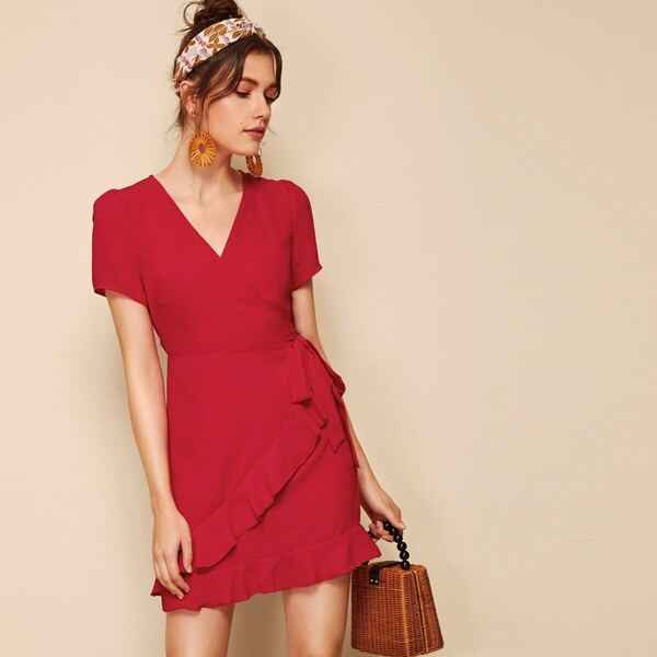 

Ruffle Hem Wrap Skirt Dress, Red