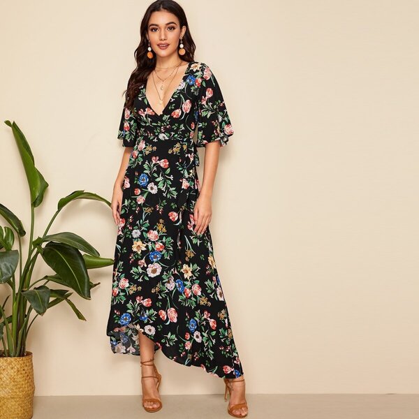 

Random Floral Flutter Sleeve Wrap Dress