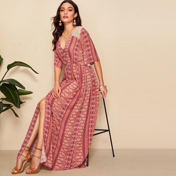 

Aztec Print Crochet Shoulder Tie Back Dress, Multicolor