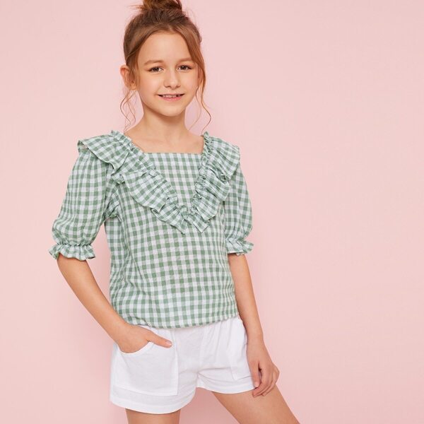 

Girls Ruffle Trim Gingham Top, Green