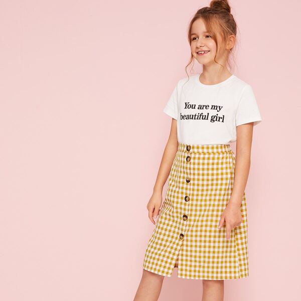 

Girls Slogan Graphic Tee and Button Up Gingham Skirt Set, Multicolor