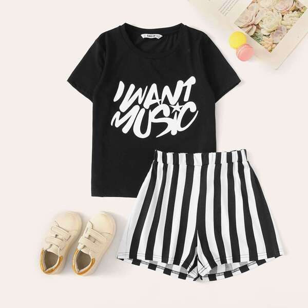 

Girls Letter Tee and Striped Shorts Set