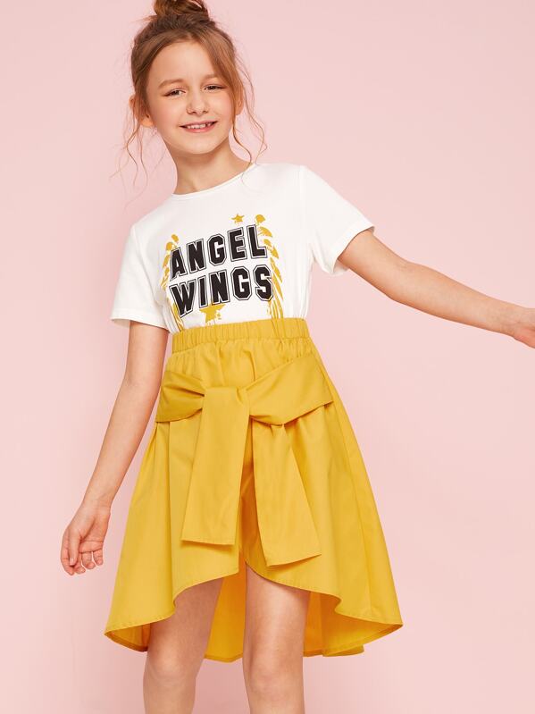 

Girls Letter Tee And Knot Asymmetrical Skirt Set, Multicolor, Sashab