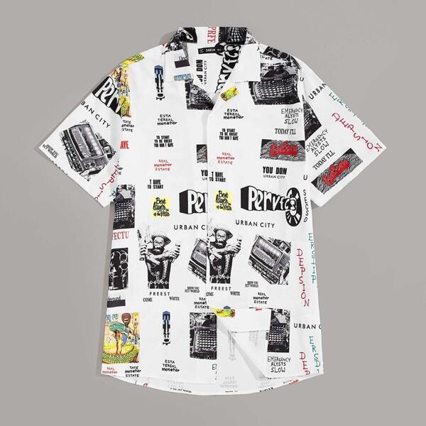 

Men Revere Collar Mixed Print Shirt, Multicolor