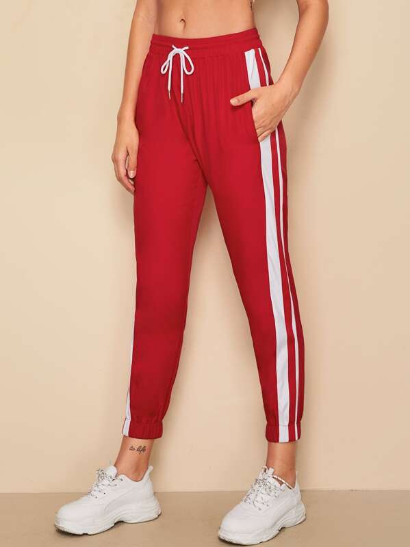

Drawstring Waist Striped Side Sweatpants, Red, Roberta