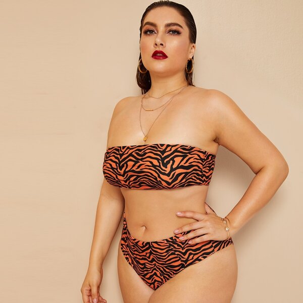 

Plus Zebra Print Bandeau With High Waist Bikini