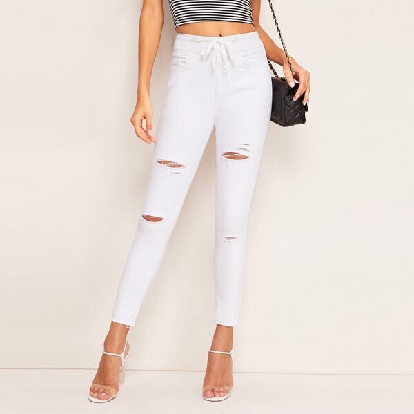

Drawstring Waist Ripped Detail Skinny Jeans